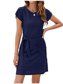 Womens Work Dresses T Shirt Dress Short Sleeve Dress Eyelet Casual Summer Dresses 2023