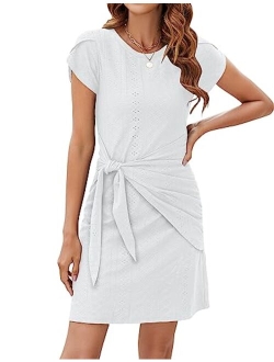 Womens Work Dresses T Shirt Dress Short Sleeve Dress Eyelet Casual Summer Dresses 2023