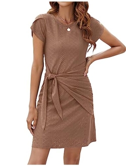 Womens Work Dresses T Shirt Dress Short Sleeve Dress Eyelet Casual Summer Dresses 2023