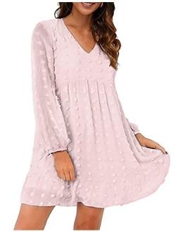 Womens White Dresses Flowy Babydoll Dress Chiffon Long Sleeve V Neck Cute Mini Tunic Dress