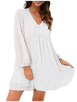 Womens White Dresses Flowy Babydoll Dress Chiffon Long Sleeve V Neck Cute Mini Tunic Dress