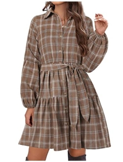 Womens Plaid Dresses Flannel Babydoll Dress Casual Tunic Dress Long Sleeve Fall Dresses with Pockets