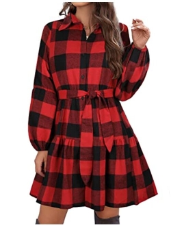 Womens Plaid Dresses Flannel Babydoll Dress Casual Tunic Dress Long Sleeve Fall Dresses with Pockets