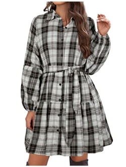 Womens Plaid Dresses Flannel Babydoll Dress Casual Tunic Dress Long Sleeve Fall Dresses with Pockets