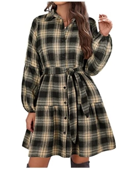 Womens Plaid Dresses Flannel Babydoll Dress Casual Tunic Dress Long Sleeve Fall Dresses with Pockets