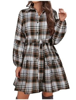 Womens Plaid Dresses Flannel Babydoll Dress Casual Tunic Dress Long Sleeve Fall Dresses with Pockets