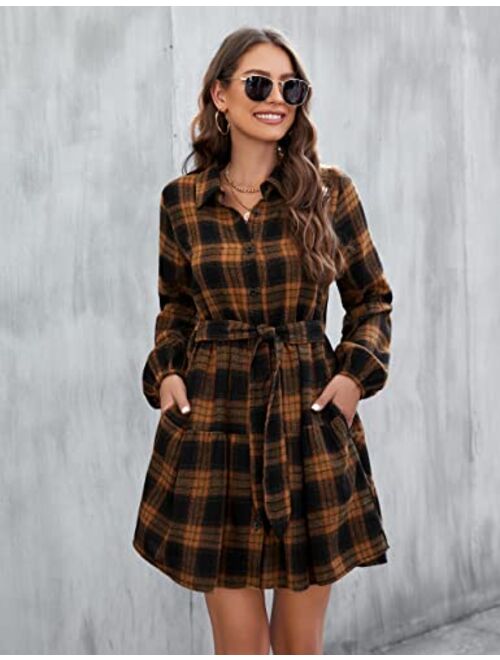 Blooming Jelly Womens Plaid Dresses Flannel Babydoll Dress Casual Tunic Dress Long Sleeve Fall Dresses with Pockets