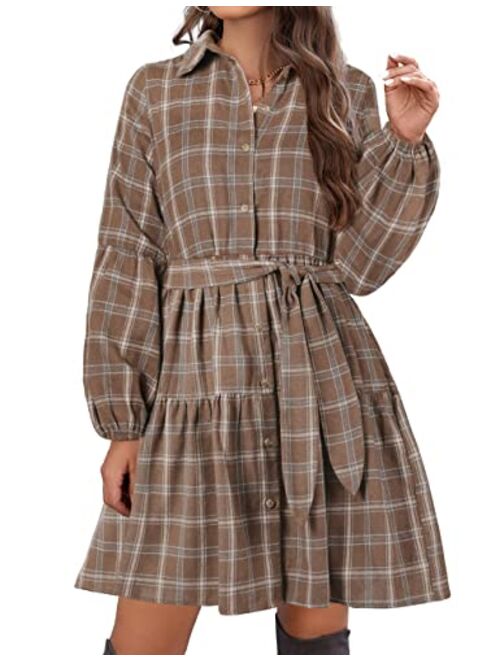 Blooming Jelly Womens Plaid Dresses Flannel Babydoll Dress Casual Tunic Dress Long Sleeve Fall Dresses with Pockets