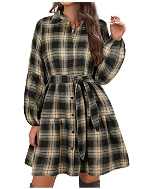 Blooming Jelly Womens Plaid Dresses Flannel Babydoll Dress Casual Tunic Dress Long Sleeve Fall Dresses with Pockets