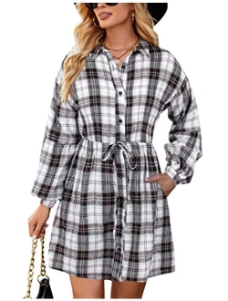 Womens Plaid Dress Flannel Puff Sleeve Dress Button Down Casual Fall Dresses for Women 2023 with Pockets