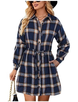 Womens Plaid Dress Flannel Puff Sleeve Dress Button Down Casual Fall Dresses for Women 2023 with Pockets