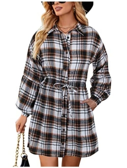 Womens Plaid Dress Flannel Puff Sleeve Dress Button Down Casual Fall Dresses for Women 2023 with Pockets