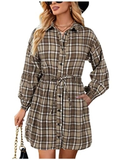 Womens Plaid Dress Flannel Puff Sleeve Dress Button Down Casual Fall Dresses for Women 2023 with Pockets