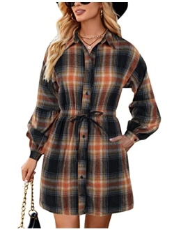 Womens Plaid Dress Flannel Puff Sleeve Dress Button Down Casual Fall Dresses for Women 2023 with Pockets