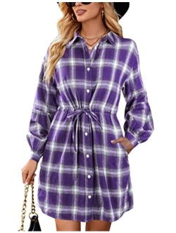 Womens Plaid Dress Flannel Puff Sleeve Dress Button Down Casual Fall Dresses for Women 2023 with Pockets