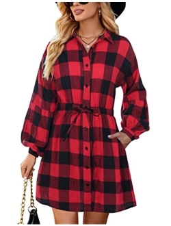 Womens Plaid Dress Flannel Puff Sleeve Dress Button Down Casual Fall Dresses for Women 2023 with Pockets