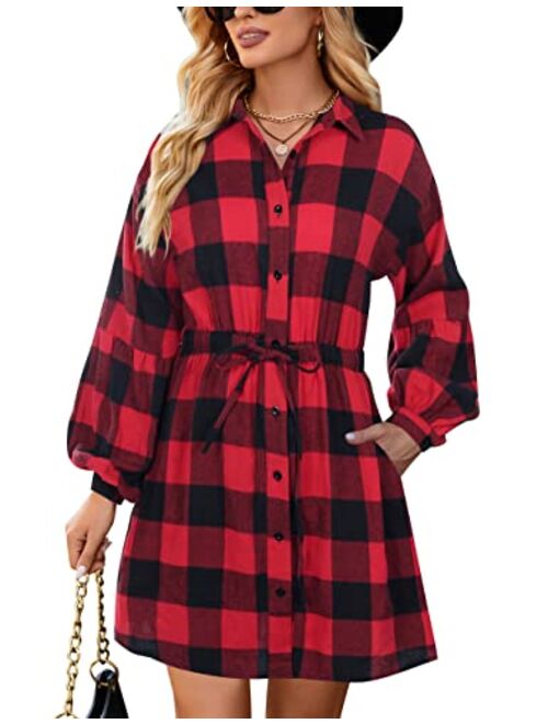 Blooming Jelly Womens Plaid Dress Flannel Puff Sleeve Dress Button Down Casual Fall Dresses for Women 2023 with Pockets