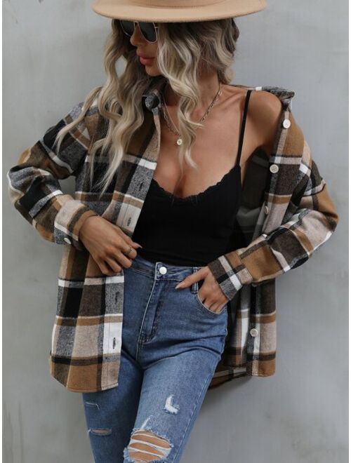 SHEIN LUNE Plaid Print Button Front Blouse