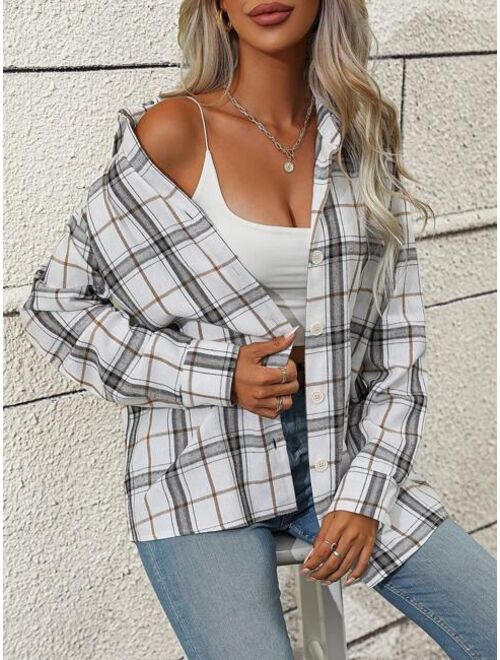 SHEIN LUNE Plaid Print Button Front Blouse