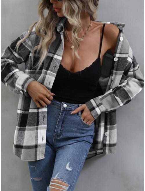 SHEIN LUNE Plaid Print Button Front Blouse