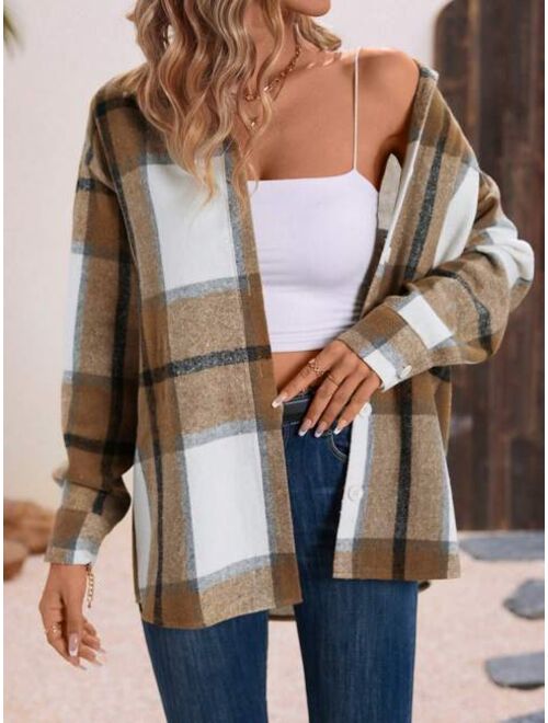 SHEIN LUNE Plaid Print Button Front Blouse