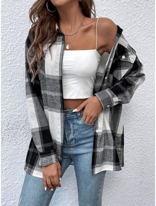 SHEIN LUNE Plaid Flap Pocket Drop Shoulder Shirt Without Belt