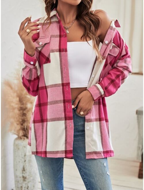 SHEIN LUNE Plaid Flap Pocket Drop Shoulder Shirt Without Belt