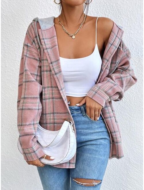 SHEINEZwear SHEIN EZwear Plaid Print Drop Shoulder Drawstring Hooded Shirt