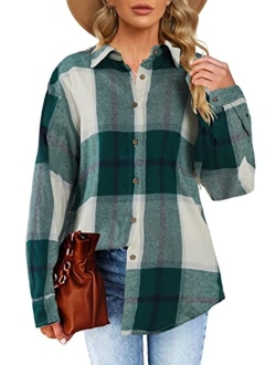 Febriajuce Women's Long Sleeve Plaid Shirts Flannel Collared Button Down Shacket Casual Rolled Up Boyfriend Blouse Tops