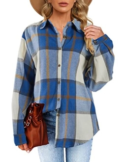 Febriajuce Women's Long Sleeve Plaid Shirts Flannel Collared Button Down Shacket Casual Rolled Up Boyfriend Blouse Tops