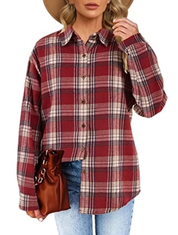 Febriajuce Women's Long Sleeve Plaid Shirts Flannel Collared Button Down Shacket Casual Rolled Up Boyfriend Blouse Tops