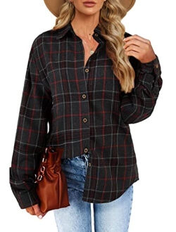 Febriajuce Women's Long Sleeve Plaid Shirts Flannel Collared Button Down Shacket Casual Rolled Up Boyfriend Blouse Tops