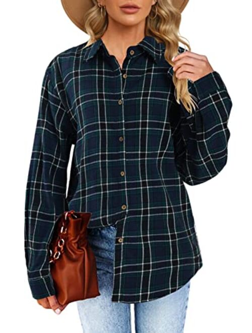 Febriajuce Women's Long Sleeve Plaid Shirts Flannel Collared Button Down Shacket Casual Rolled Up Boyfriend Blouse Tops