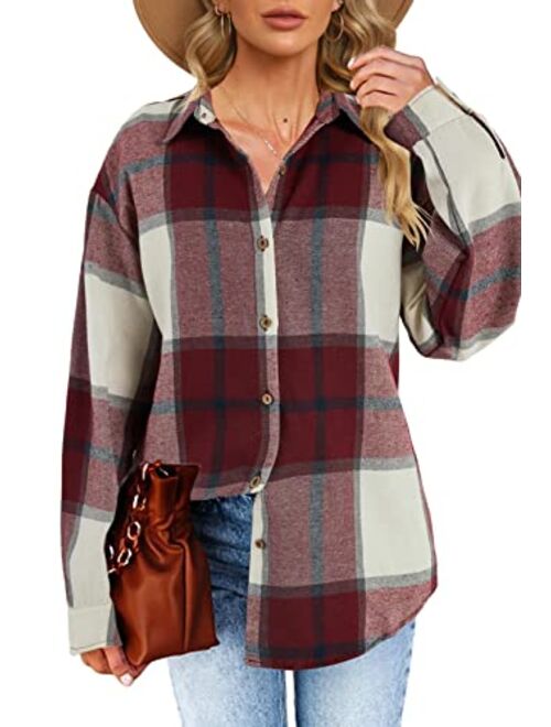 Febriajuce Women's Long Sleeve Plaid Shirts Flannel Collared Button Down Shacket Casual Rolled Up Boyfriend Blouse Tops