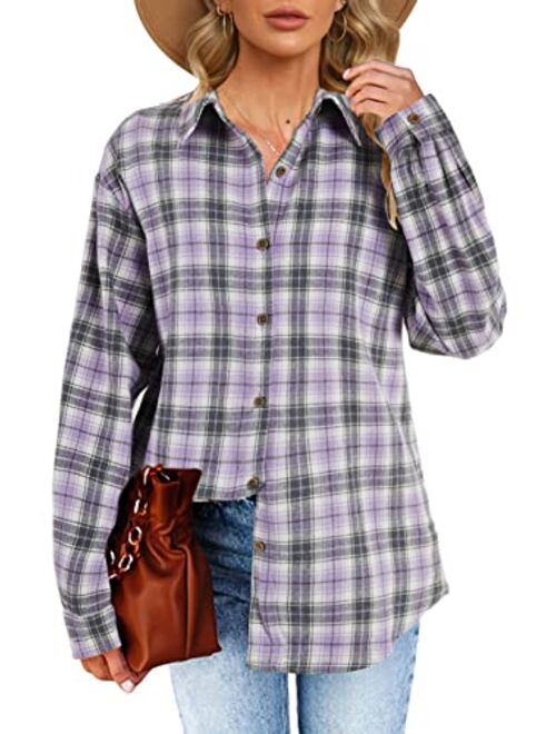 Febriajuce Women's Long Sleeve Plaid Shirts Flannel Collared Button Down Shacket Casual Rolled Up Boyfriend Blouse Tops