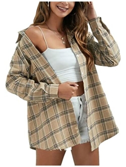 Zontroldy Plaid Flannel Shirts for Women Oversized Long Sleeve Button Down Buffalo Plaid Shirt Blouse Tops