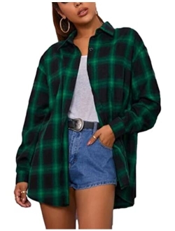 Zontroldy Plaid Flannel Shirts for Women Oversized Long Sleeve Button Down Buffalo Plaid Shirt Blouse Tops