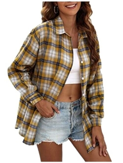 Zontroldy Plaid Flannel Shirts for Women Oversized Long Sleeve Button Down Buffalo Plaid Shirt Blouse Tops