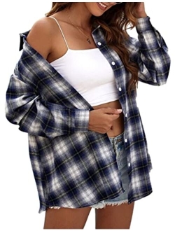 Zontroldy Plaid Flannel Shirts for Women Oversized Long Sleeve Button Down Buffalo Plaid Shirt Blouse Tops