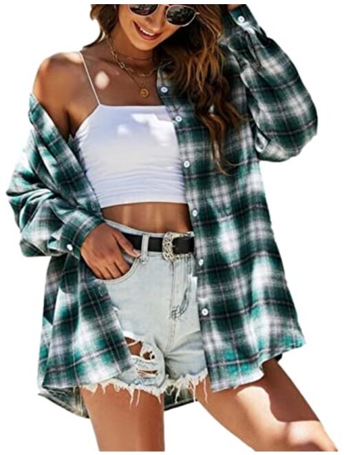 Zontroldy Plaid Flannel Shirts for Women Oversized Long Sleeve Button Down Buffalo Plaid Shirt Blouse Tops