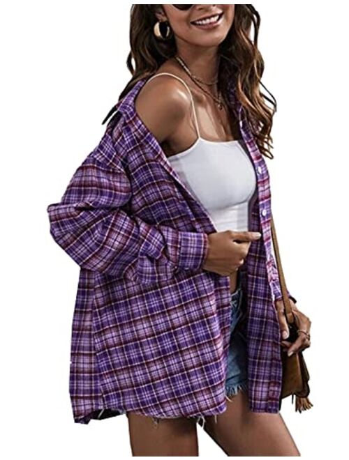 Zontroldy Plaid Flannel Shirts for Women Oversized Long Sleeve Button Down Buffalo Plaid Shirt Blouse Tops