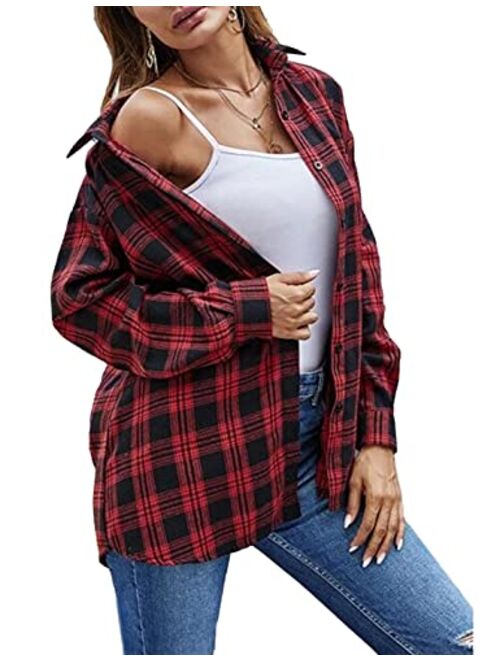 Zontroldy Plaid Flannel Shirts for Women Oversized Long Sleeve Button Down Buffalo Plaid Shirt Blouse Tops