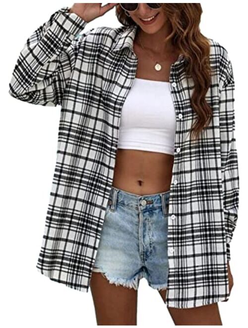 Zontroldy Plaid Flannel Shirts for Women Oversized Long Sleeve Button Down Buffalo Plaid Shirt Blouse Tops