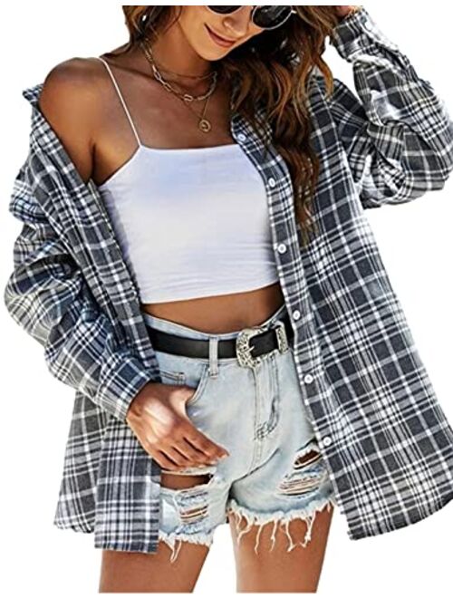 Zontroldy Plaid Flannel Shirts for Women Oversized Long Sleeve Button Down Buffalo Plaid Shirt Blouse Tops