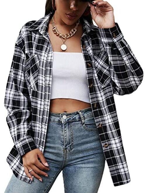 MakeMeChic Women's Plaid Shirts Oversized Flannels Shacket Jacket