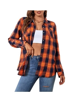 WARHORSEE Plaid Flannel Shirts for Women Long Sleeve, Loose Fit Womens Casual Flannels Button Down Shirts Blouses Tops