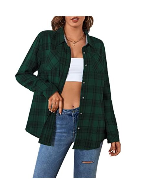 WARHORSEE Plaid Flannel Shirts for Women Long Sleeve, Loose Fit Womens Casual Flannels Button Down Shirts Blouses Tops