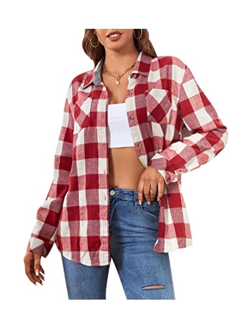 WARHORSEE Plaid Flannel Shirts for Women Long Sleeve, Loose Fit Womens Casual Flannels Button Down Shirts Blouses Tops