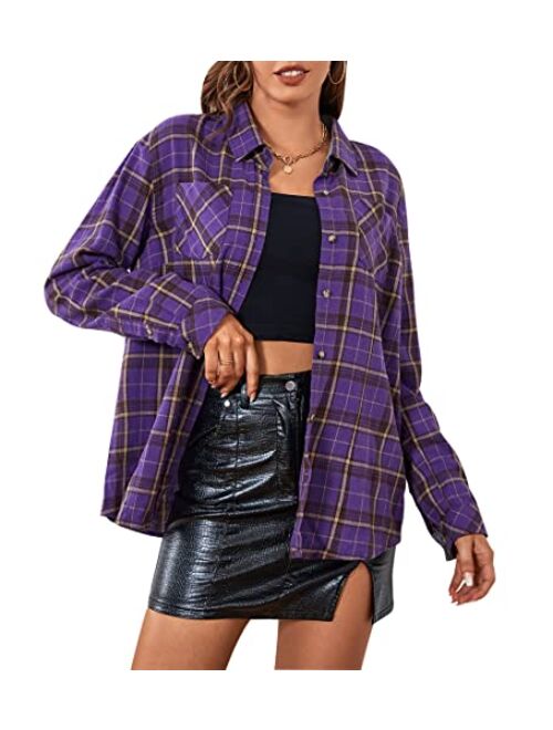 WARHORSEE Plaid Flannel Shirts for Women Long Sleeve, Loose Fit Womens Casual Flannels Button Down Shirts Blouses Tops