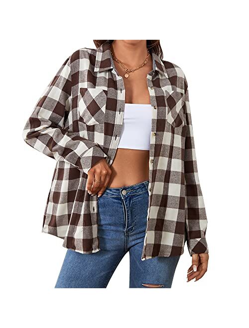 WARHORSEE Plaid Flannel Shirts for Women Long Sleeve, Loose Fit Womens Casual Flannels Button Down Shirts Blouses Tops